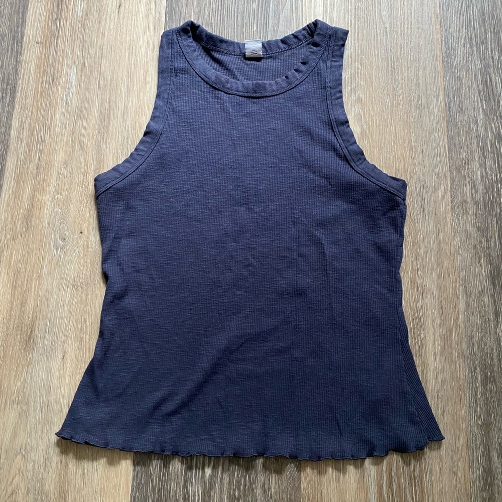 Rib Knit Cotton Ruffle Trim Racerback Blue Layering Tank Top Medium 90s Minimal - Picture 1 of 4